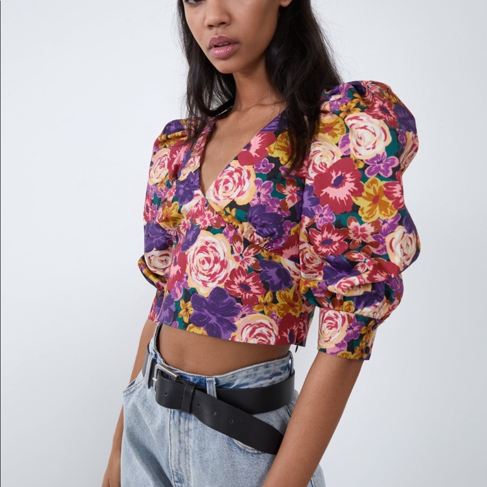 Zara crop floral puff sleeve poplin top